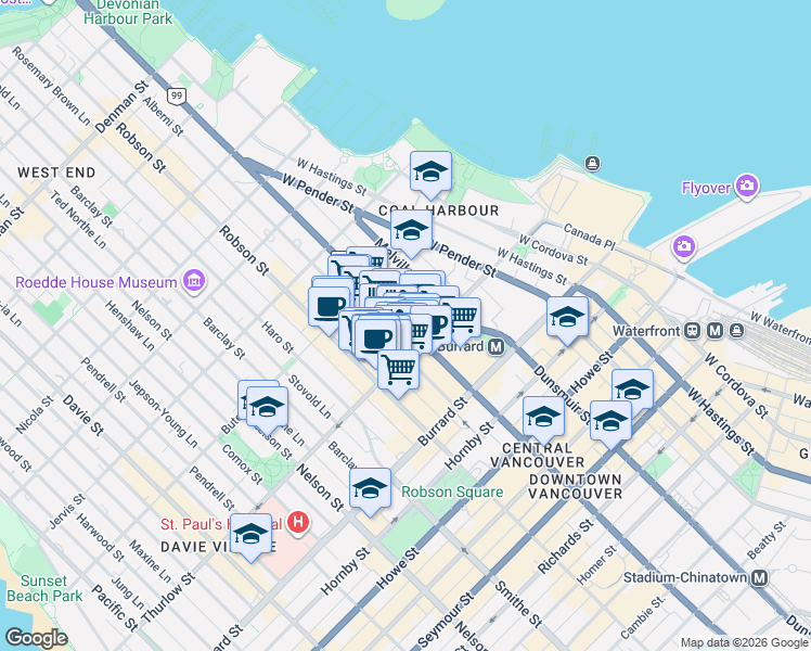 map of restaurants, bars, coffee shops, grocery stores, and more near Alberni Street in Vancouver