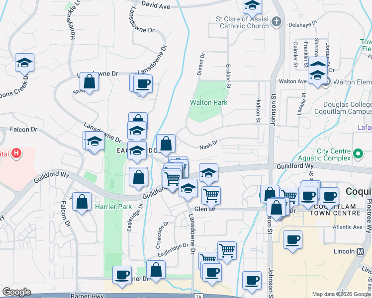 map of restaurants, bars, coffee shops, grocery stores, and more near 2824 Nash Drive in Coquitlam