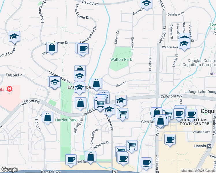 map of restaurants, bars, coffee shops, grocery stores, and more near 2824 Nash Drive in Coquitlam