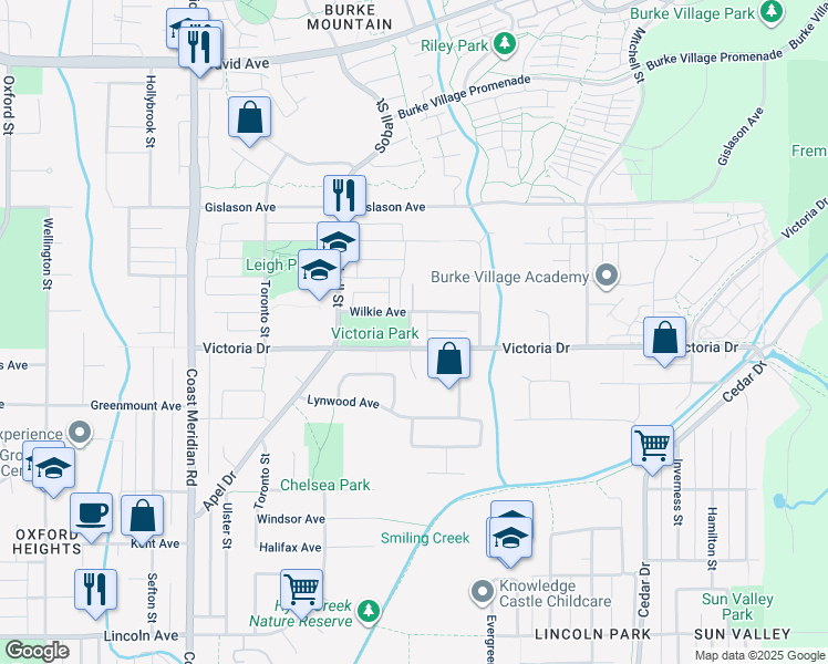 map of restaurants, bars, coffee shops, grocery stores, and more near 5 Holtby Street in Coquitlam