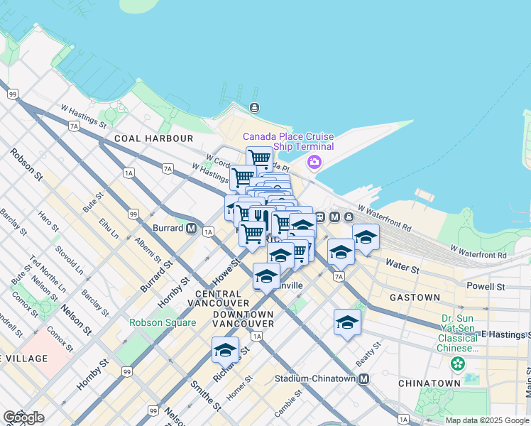 map of restaurants, bars, coffee shops, grocery stores, and more near 838 West Hastings Street in Vancouver