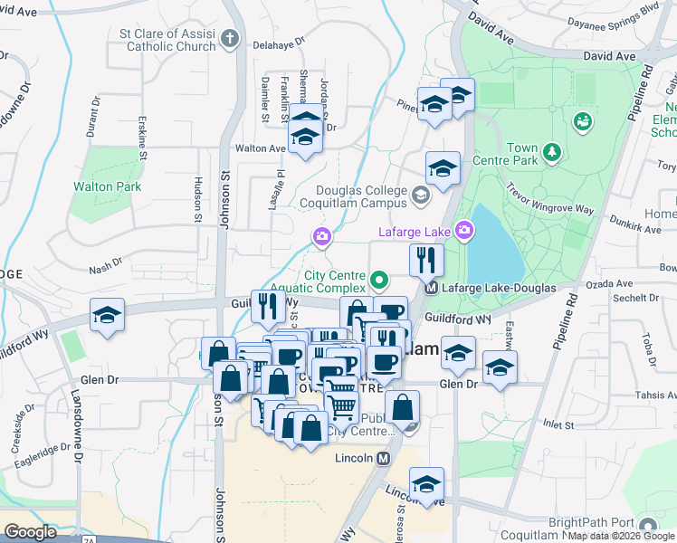 map of restaurants, bars, coffee shops, grocery stores, and more near 2975 Princess Crescent in Coquitlam