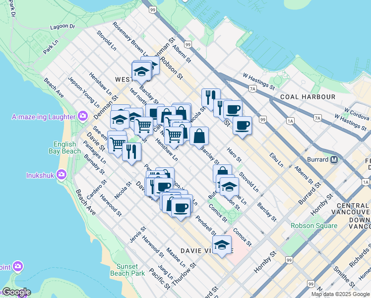 map of restaurants, bars, coffee shops, grocery stores, and more near in Vancouver
