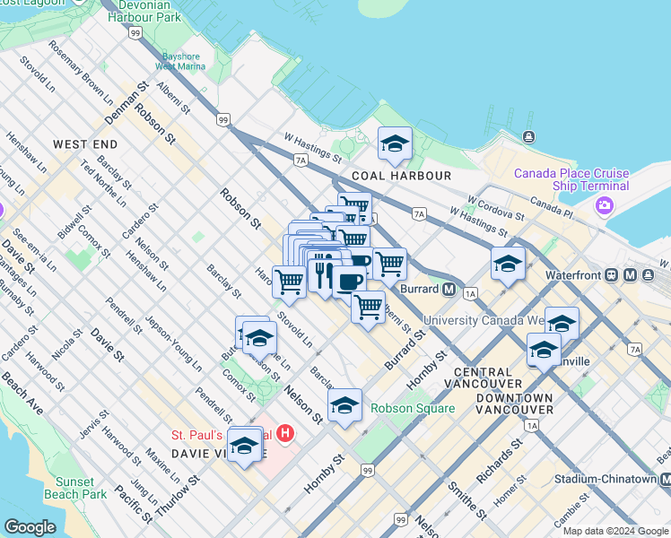 map of restaurants, bars, coffee shops, grocery stores, and more near 303-1166 Alberni Street in Vancouver
