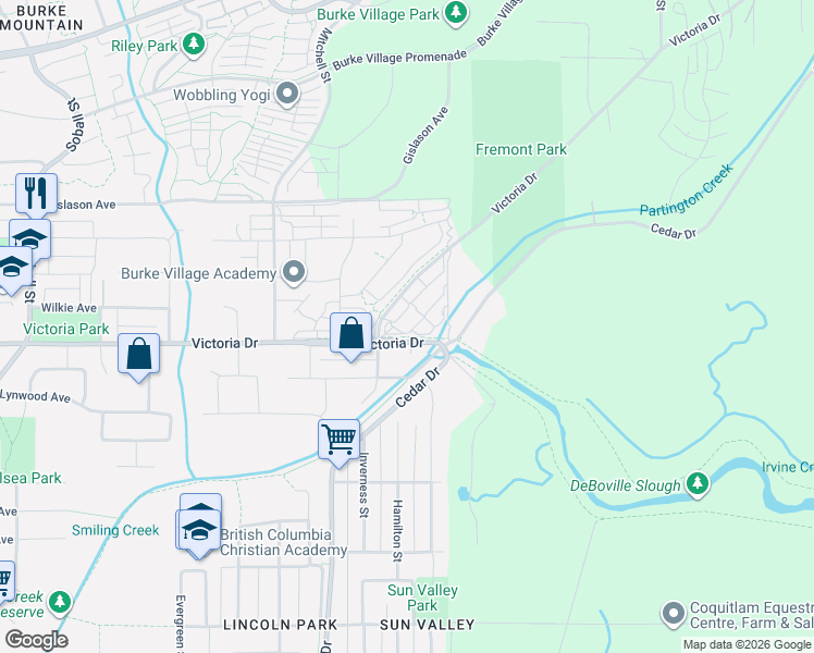 map of restaurants, bars, coffee shops, grocery stores, and more near 3552 Victoria Drive in Coquitlam
