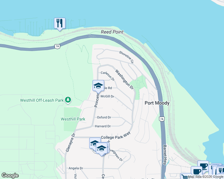 map of restaurants, bars, coffee shops, grocery stores, and more near 445 McGill Drive in Port Moody