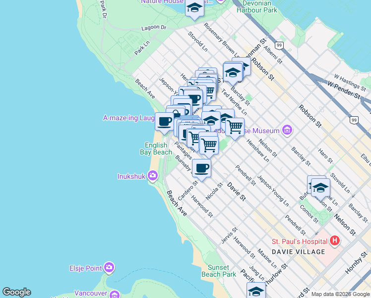 map of restaurants, bars, coffee shops, grocery stores, and more near 1221 Bidwell Street in Vancouver
