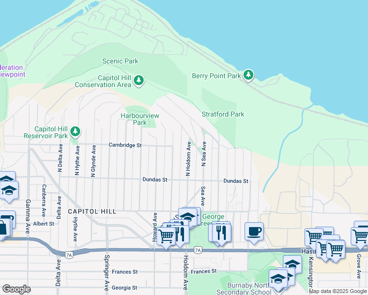 map of restaurants, bars, coffee shops, grocery stores, and more near 151 North Holdom Avenue in Burnaby