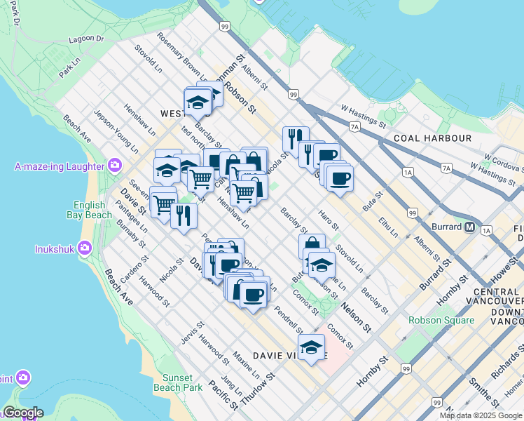 map of restaurants, bars, coffee shops, grocery stores, and more near 977 Broughton Street in Vancouver