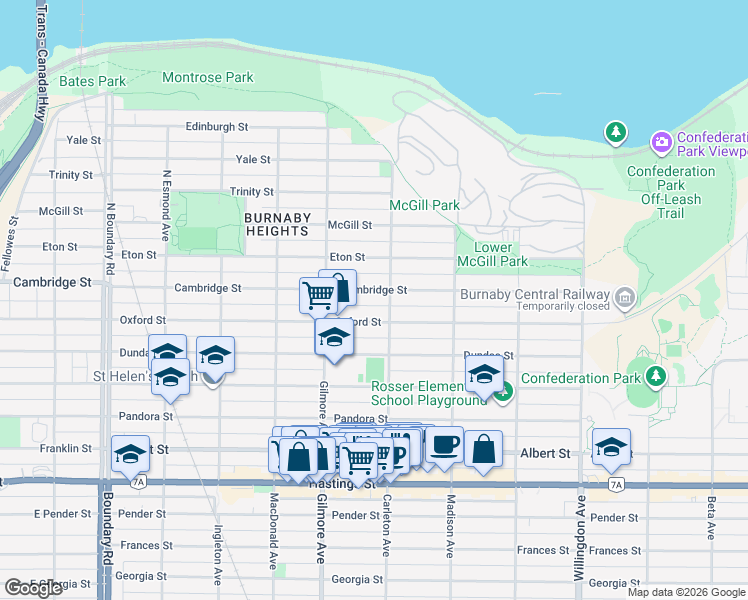 map of restaurants, bars, coffee shops, grocery stores, and more near in Burnaby
