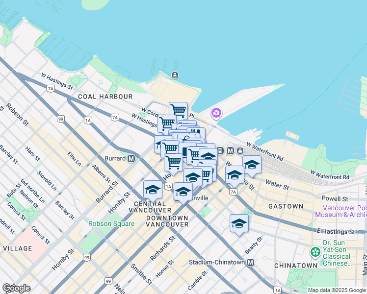 map of restaurants, bars, coffee shops, grocery stores, and more near 838 West Hastings Street in Vancouver