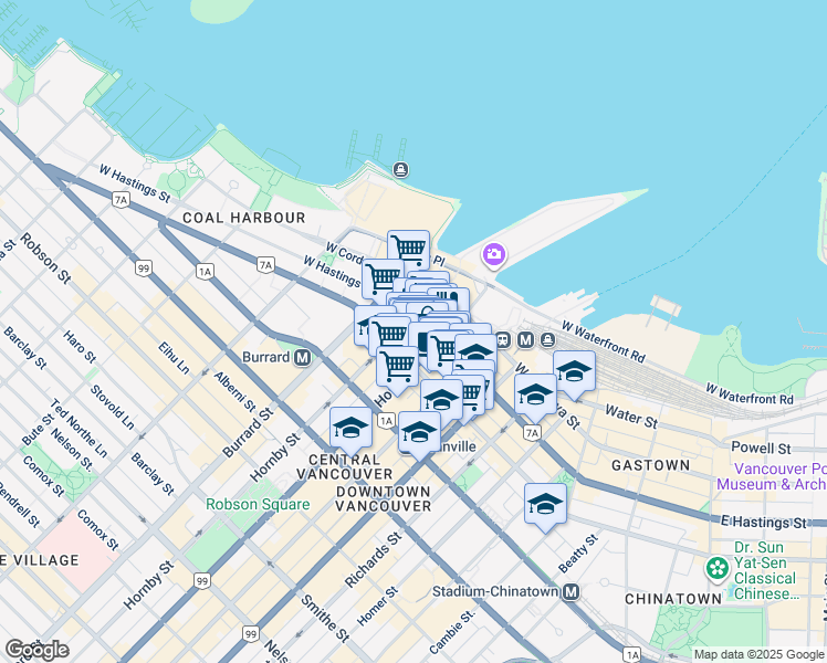 map of restaurants, bars, coffee shops, grocery stores, and more near 445 Howe Street in Vancouver