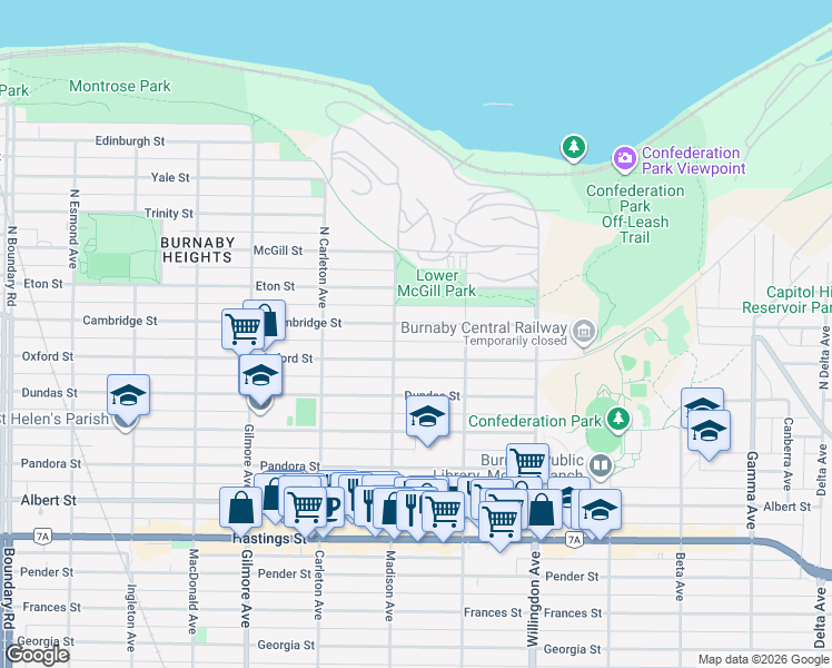 map of restaurants, bars, coffee shops, grocery stores, and more near 4326 Cambridge Street in Burnaby