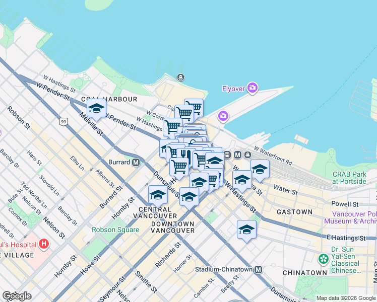 map of restaurants, bars, coffee shops, grocery stores, and more near 838 West Hastings Street in Vancouver