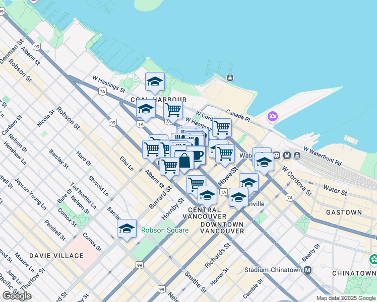 map of restaurants, bars, coffee shops, grocery stores, and more near 1050 West Pender Street in Vancouver