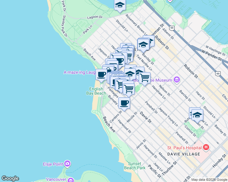 map of restaurants, bars, coffee shops, grocery stores, and more near 1221 Bidwell Street in Vancouver