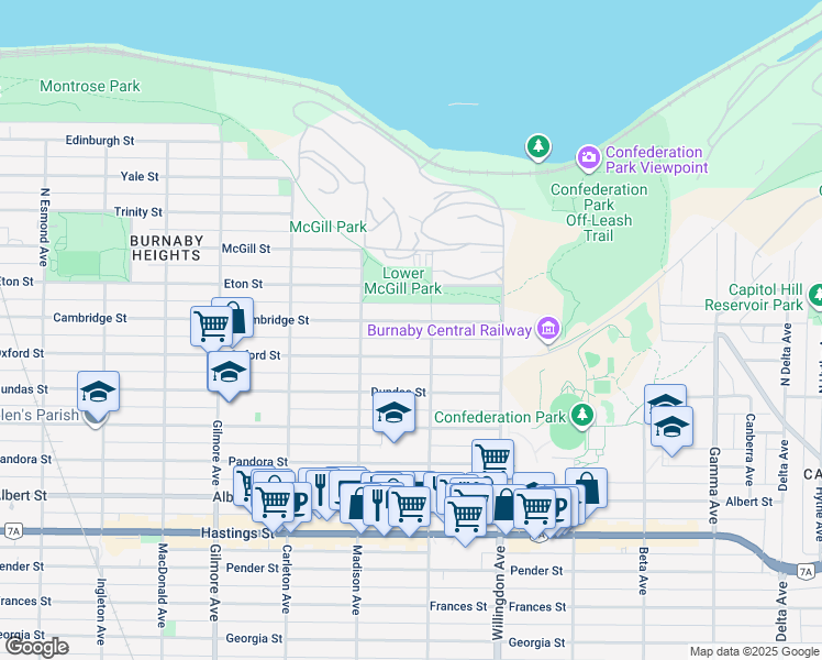 map of restaurants, bars, coffee shops, grocery stores, and more near 4362 Cambridge Street in Burnaby