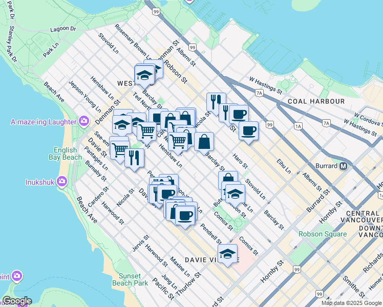 map of restaurants, bars, coffee shops, grocery stores, and more near 977 Broughton Street in Vancouver