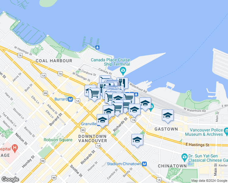 map of restaurants, bars, coffee shops, grocery stores, and more near 320 Howe Street in Vancouver
