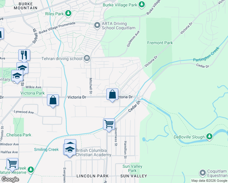 map of restaurants, bars, coffee shops, grocery stores, and more near 1221 Rocklin Street in Coquitlam