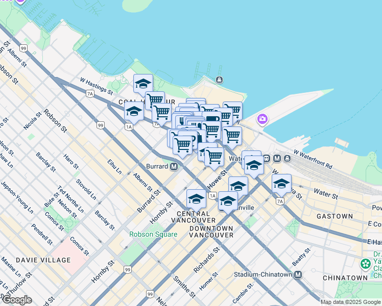 map of restaurants, bars, coffee shops, grocery stores, and more near 505 Burrard Street in Vancouver