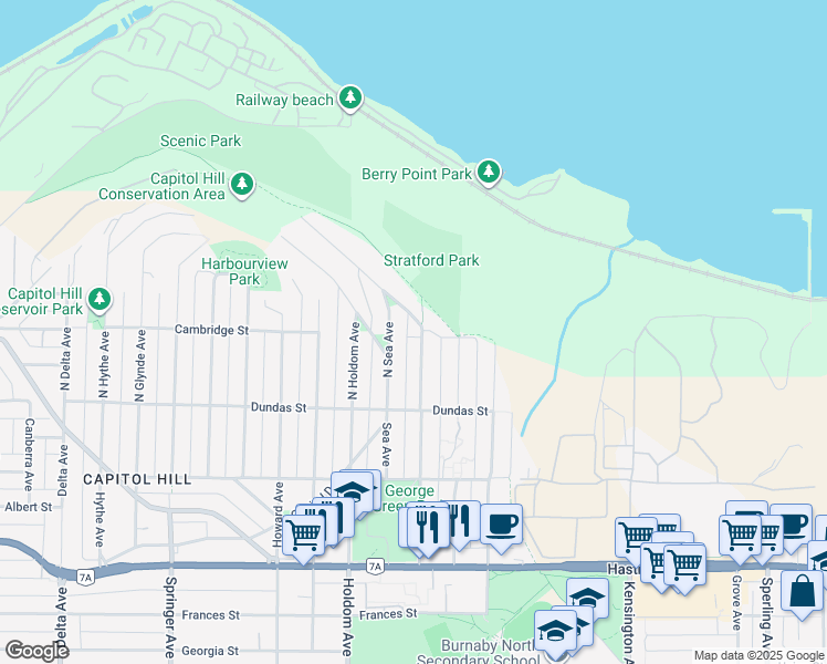 map of restaurants, bars, coffee shops, grocery stores, and more near 211 North Warwick Avenue in Burnaby