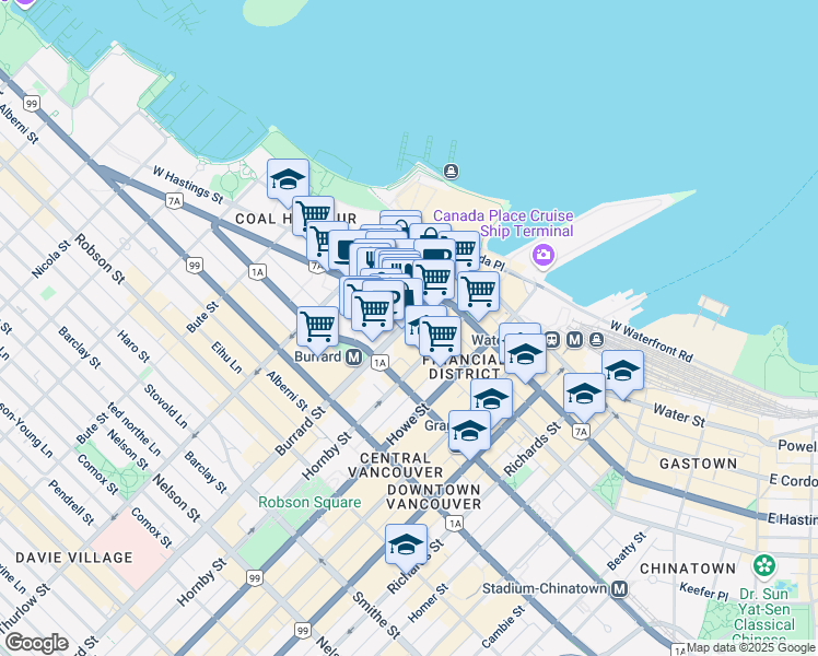 map of restaurants, bars, coffee shops, grocery stores, and more near 510 Burrard Street in Vancouver