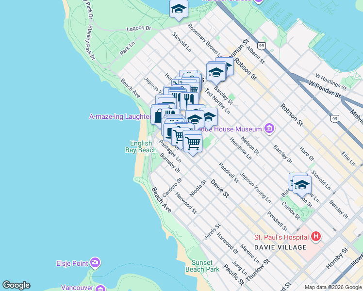 map of restaurants, bars, coffee shops, grocery stores, and more near 1188 Bidwell Street in Vancouver