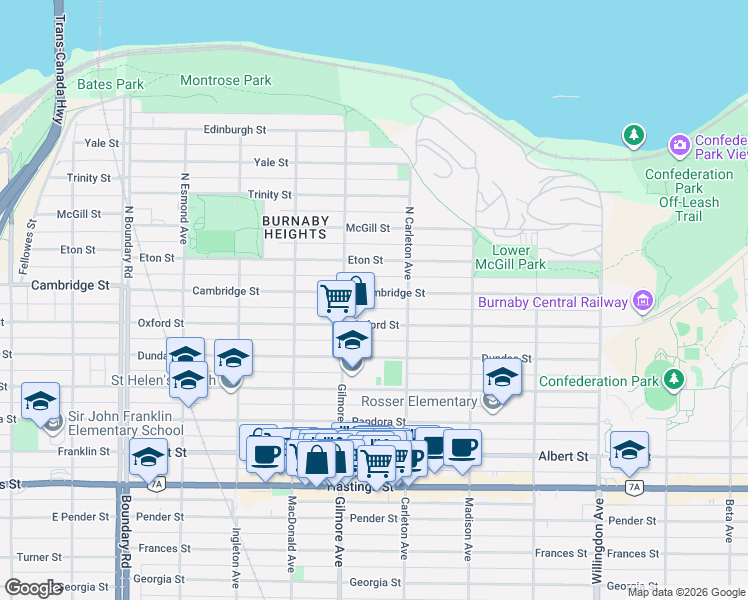 map of restaurants, bars, coffee shops, grocery stores, and more near 4136 Cambridge Street in Burnaby