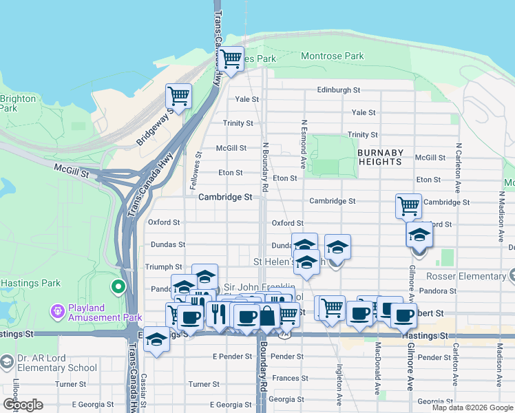 map of restaurants, bars, coffee shops, grocery stores, and more near in Vancouver