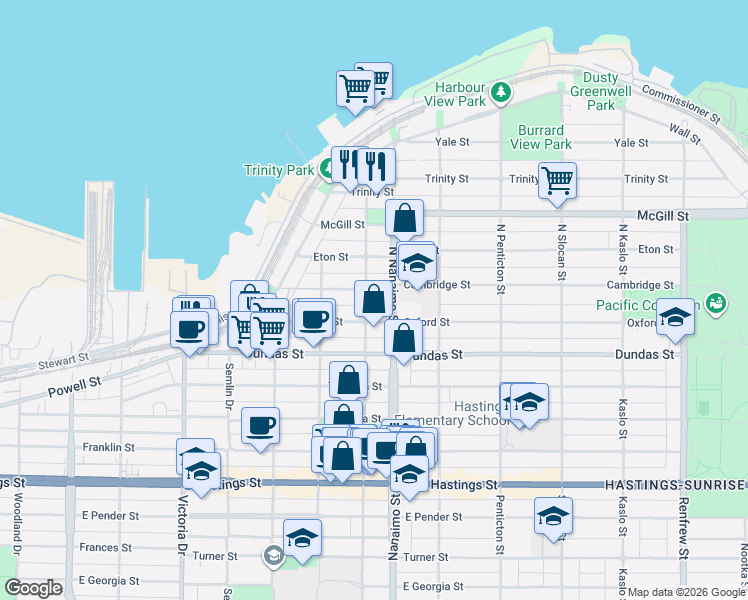 map of restaurants, bars, coffee shops, grocery stores, and more near in Vancouver