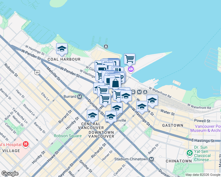 map of restaurants, bars, coffee shops, grocery stores, and more near in Vancouver