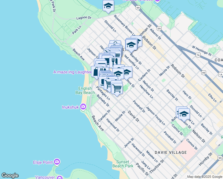 map of restaurants, bars, coffee shops, grocery stores, and more near in Vancouver