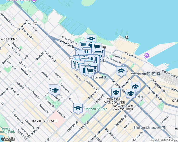 map of restaurants, bars, coffee shops, grocery stores, and more near in Vancouver