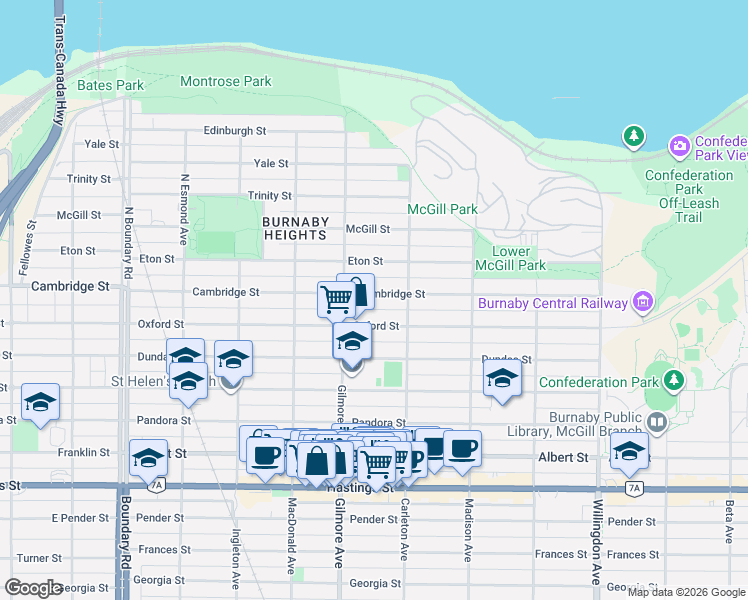 map of restaurants, bars, coffee shops, grocery stores, and more near 4136 Cambridge Street in Burnaby