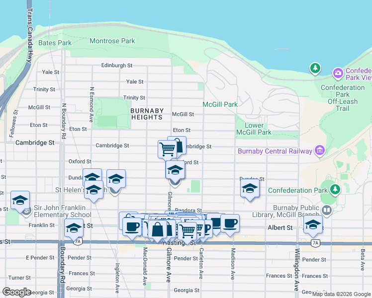 map of restaurants, bars, coffee shops, grocery stores, and more near 4136 Cambridge Street in Burnaby