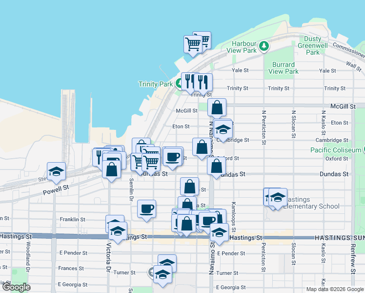 map of restaurants, bars, coffee shops, grocery stores, and more near 2222 Cambridge Street in Vancouver
