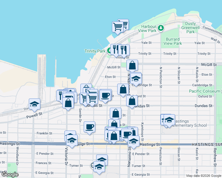 map of restaurants, bars, coffee shops, grocery stores, and more near 2222 Cambridge Street in Vancouver