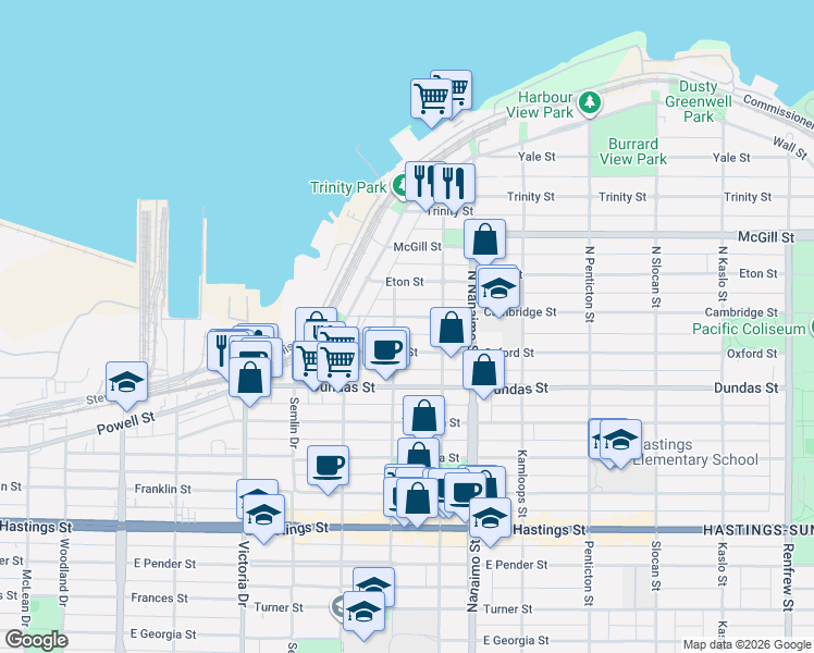 map of restaurants, bars, coffee shops, grocery stores, and more near 2222 Cambridge Street in Vancouver