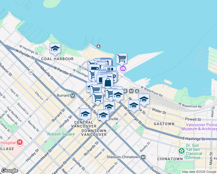 map of restaurants, bars, coffee shops, grocery stores, and more near in Vancouver