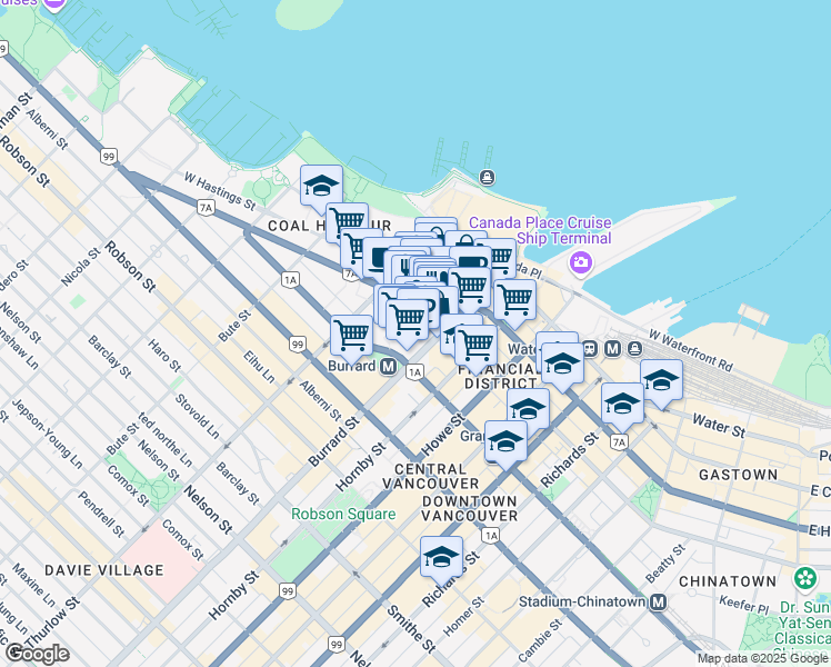 map of restaurants, bars, coffee shops, grocery stores, and more near in Vancouver