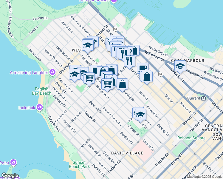 map of restaurants, bars, coffee shops, grocery stores, and more near 1435 Nelson Street in Vancouver