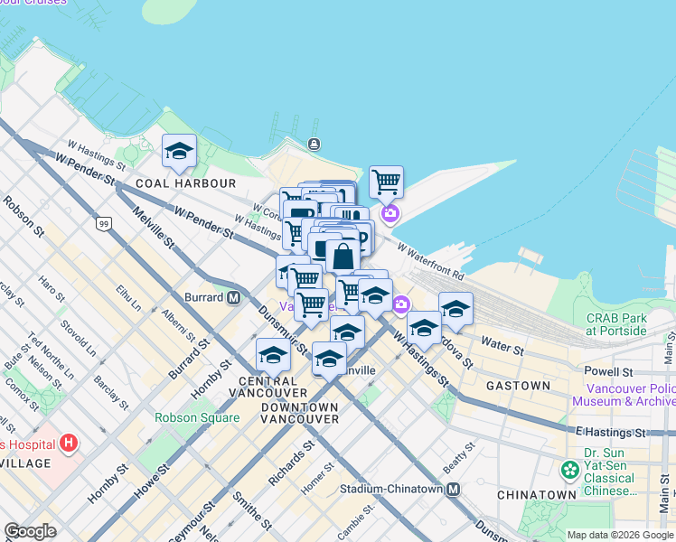 map of restaurants, bars, coffee shops, grocery stores, and more near 837 West Hastings Street in Vancouver
