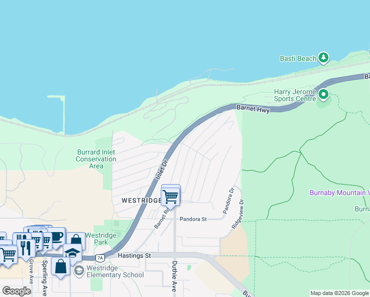 map of restaurants, bars, coffee shops, grocery stores, and more near 7158 Bayview Drive in Burnaby