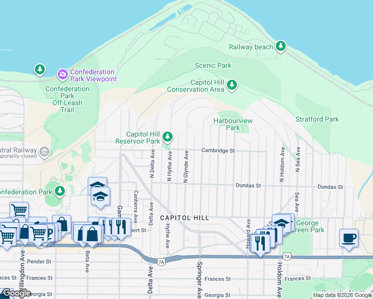 map of restaurants, bars, coffee shops, grocery stores, and more near 212 North Glynde Avenue in Burnaby