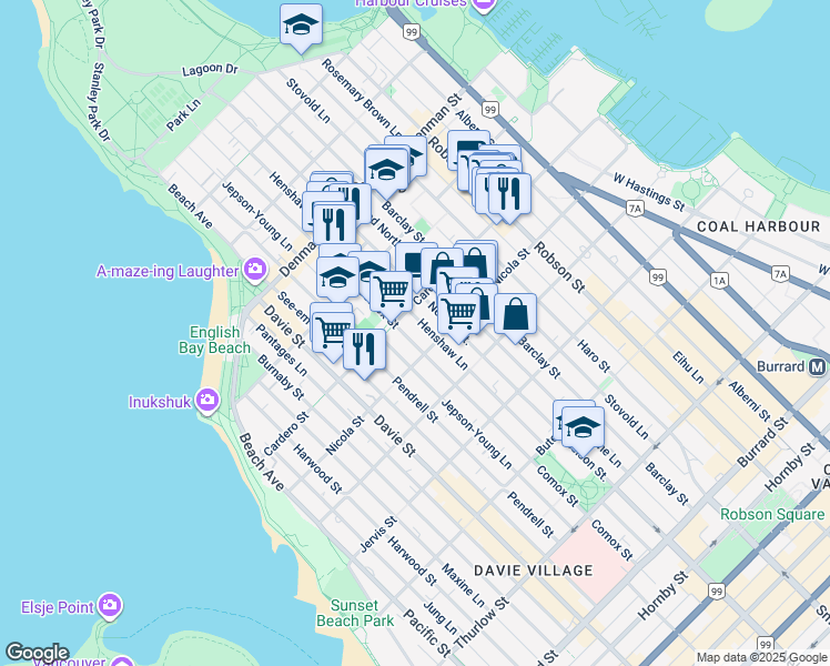 map of restaurants, bars, coffee shops, grocery stores, and more near 1539 Comox Street in Vancouver