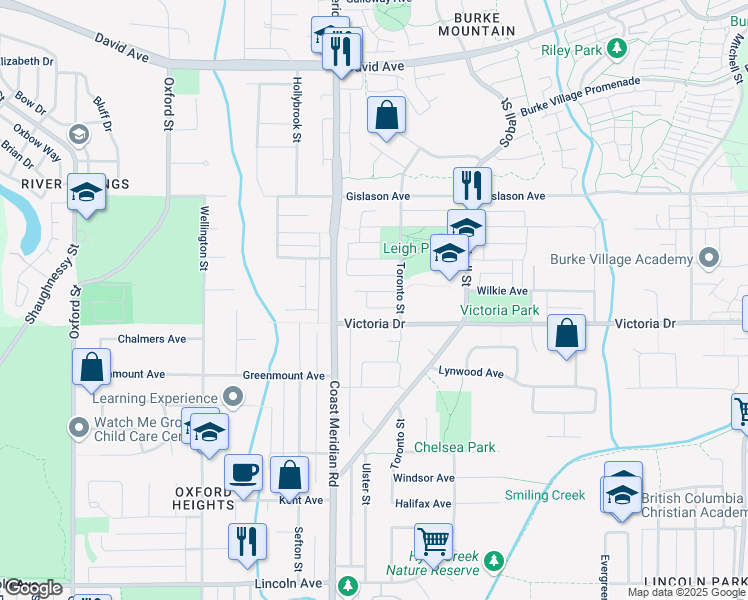 map of restaurants, bars, coffee shops, grocery stores, and more near in Coquitlam
