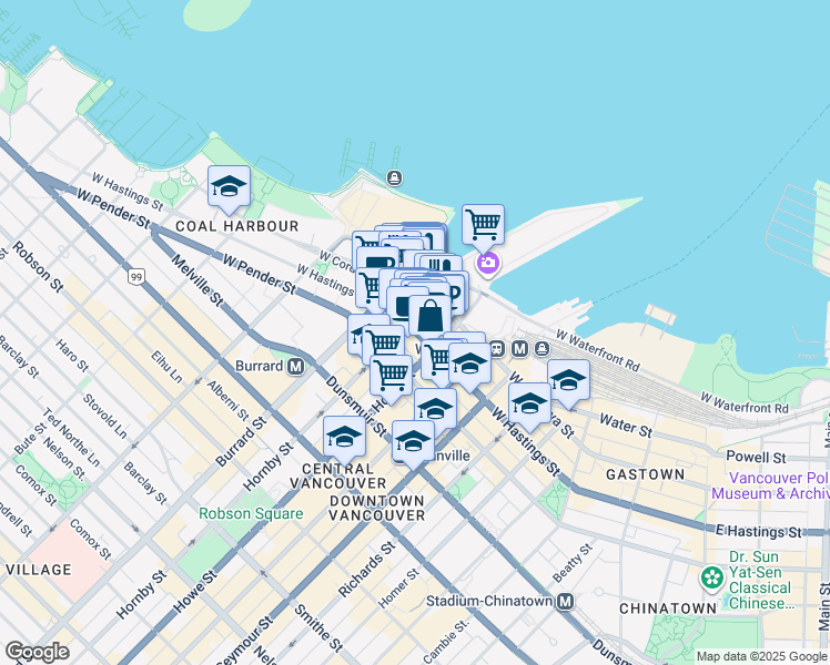 map of restaurants, bars, coffee shops, grocery stores, and more near in Vancouver