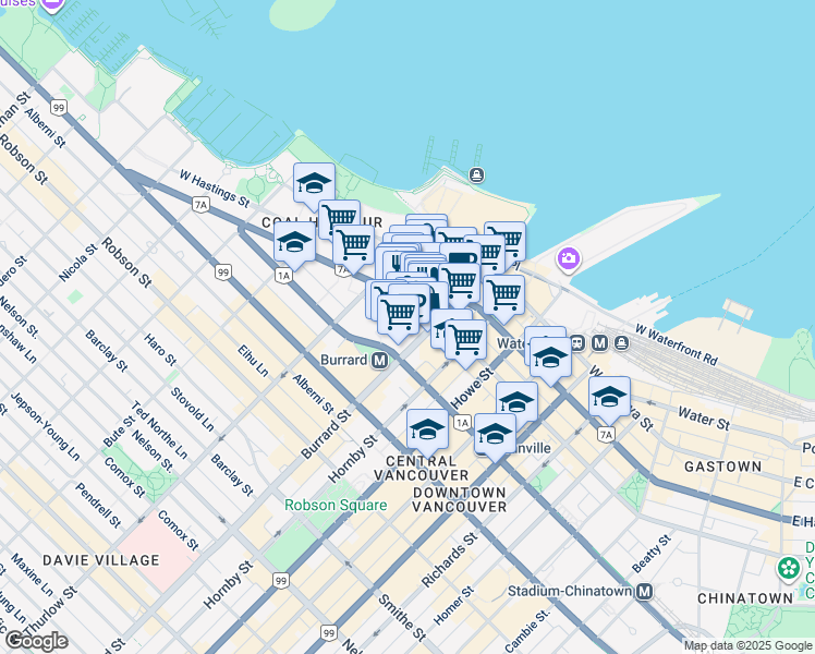 map of restaurants, bars, coffee shops, grocery stores, and more near 555 Burrard Street in Vancouver