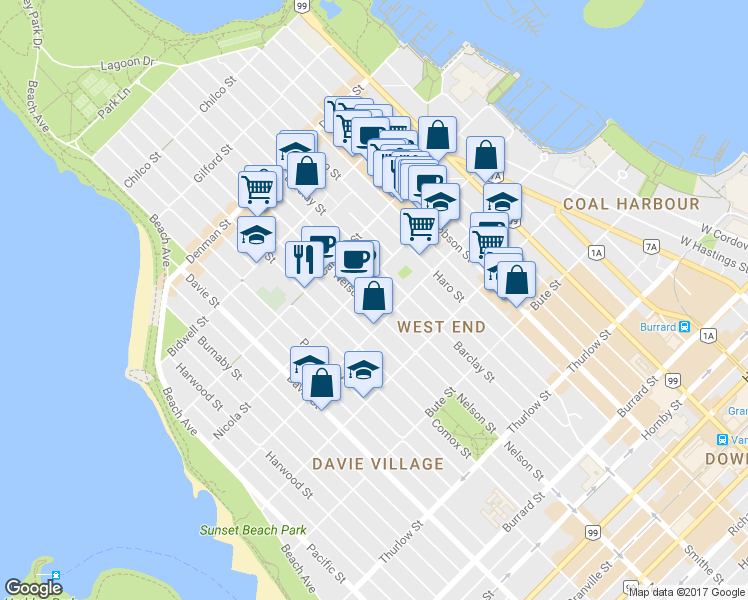 map of restaurants, bars, coffee shops, grocery stores, and more near in Vancouver